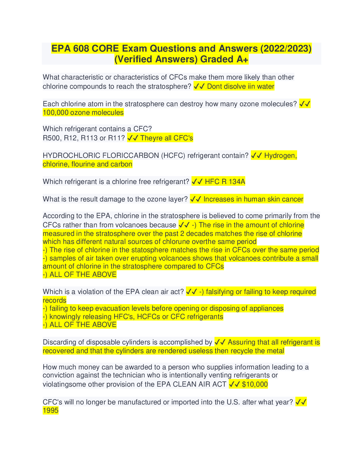 EPA 608 CORE Exam Questions and Answers (2022/2023) (Verified Answers